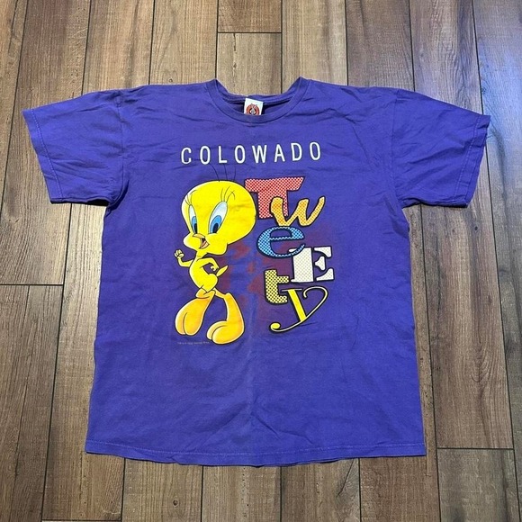 Looney Tunes Mania Tops - Vintage Tweety Bird T Shirt Colorado Women's Large‎ Purple 1997